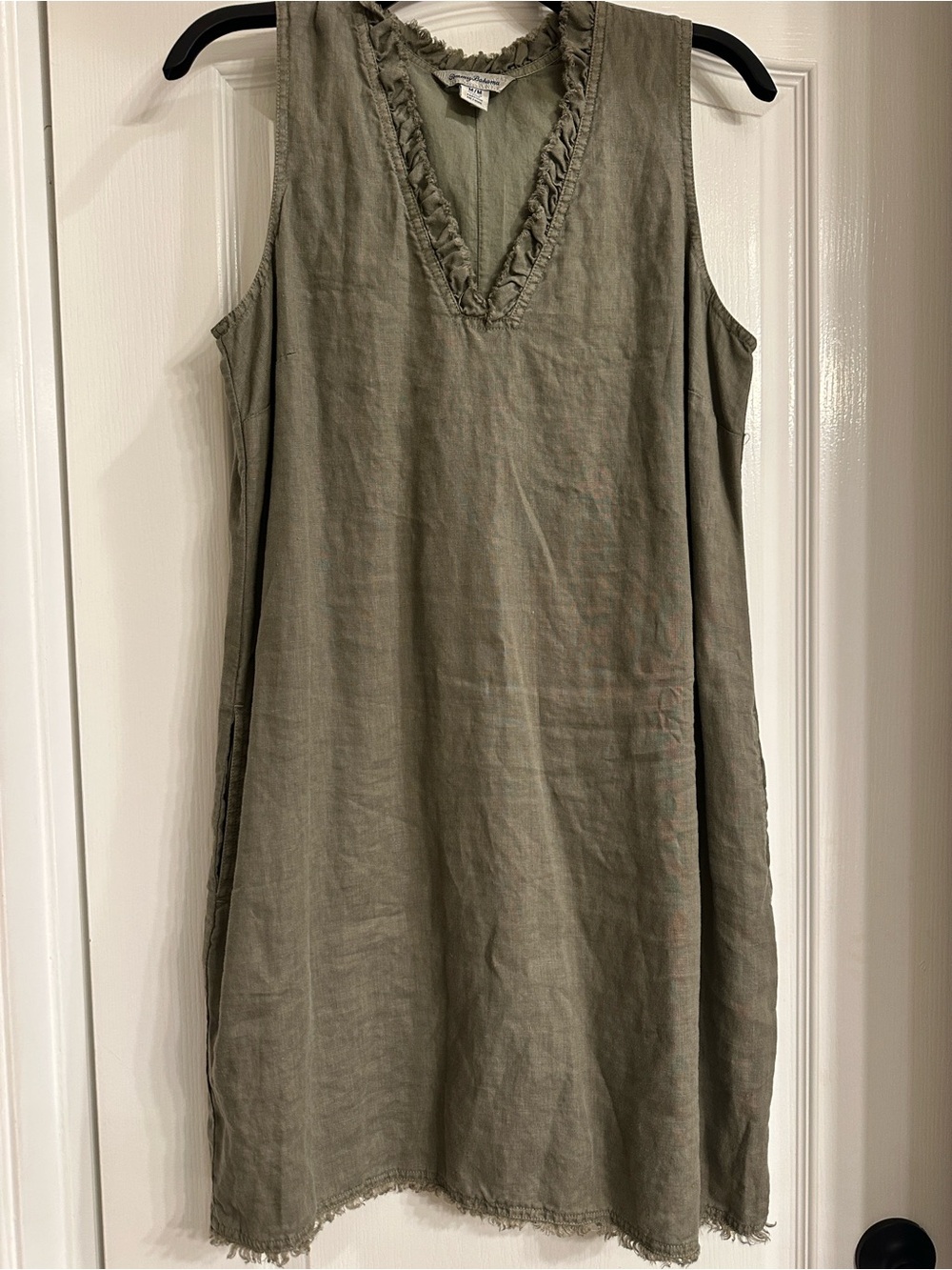 Tommy Bahama Sleeveless Ruffle V-Neck Linen Dress - Olive Green